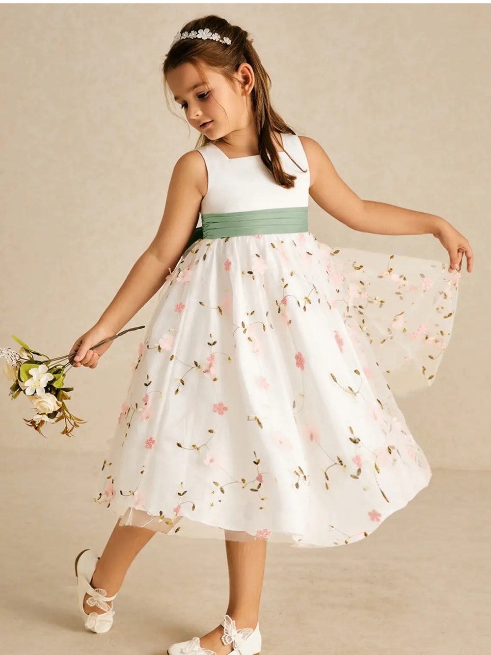 Azazie Pollie Flower Girl Formal Dress in Blushing Pink and Dusty Sage
